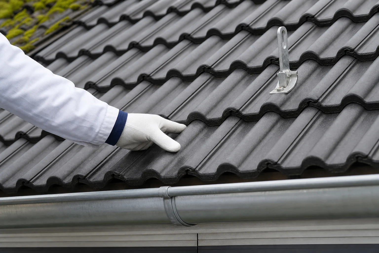 Detailkontrolle an einem gereinigten Ziegeldach
