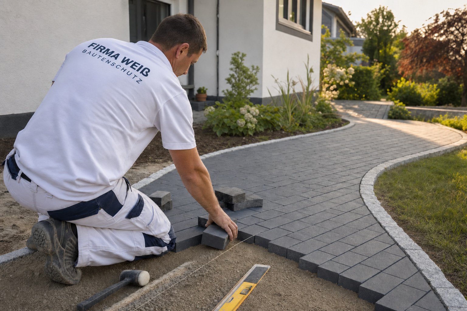 Hofgestaltung mit neu verlegtem Pflasterweg